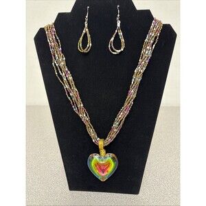 Iridescent Rainbow Heart Pendant, Carnival Glass 1.5", Earrings, Necklace 21.5